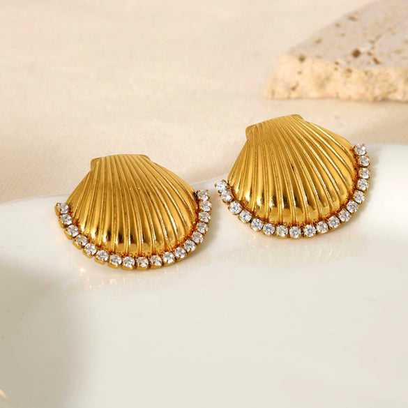 Wholesale Geometric Flower Shell Stainless Steel Earrings With Diamonds 18K Gold Plated For Women