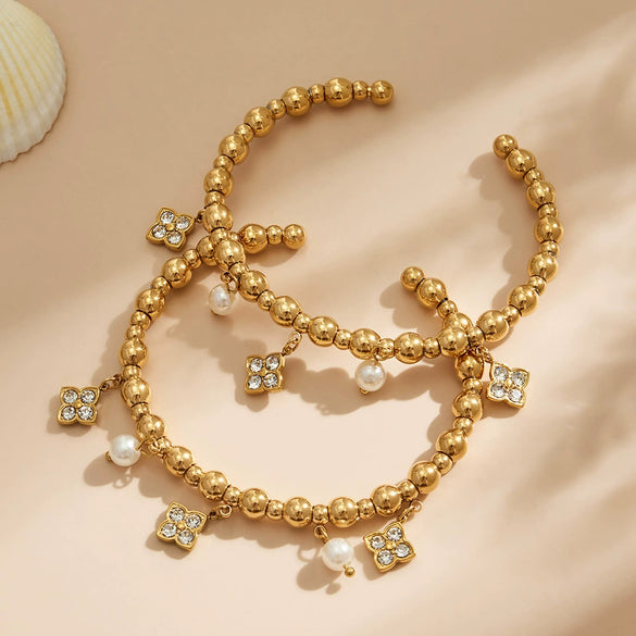 Wholesale Geometric Fourleaf Clover Zircon Pearl Stainless Steel Electroplated 18K Gold Bracelet