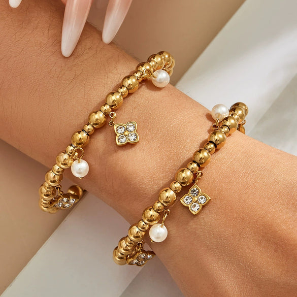 Wholesale Geometric Fourleaf Clover Zircon Pearl Stainless Steel Electroplated 18K Gold Bracelet