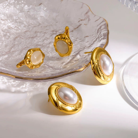 Wholesale Geometric French Retro Style Vacuum Real Gold Plated Stainless Steel Earrings With Pearls And Natural Stones For Women