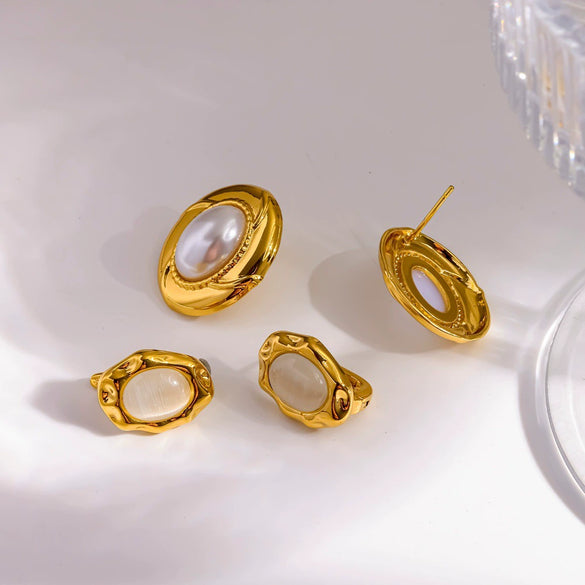 Wholesale Geometric French Retro Style Vacuum Real Gold Plated Stainless Steel Earrings With Pearls And Natural Stones For Women