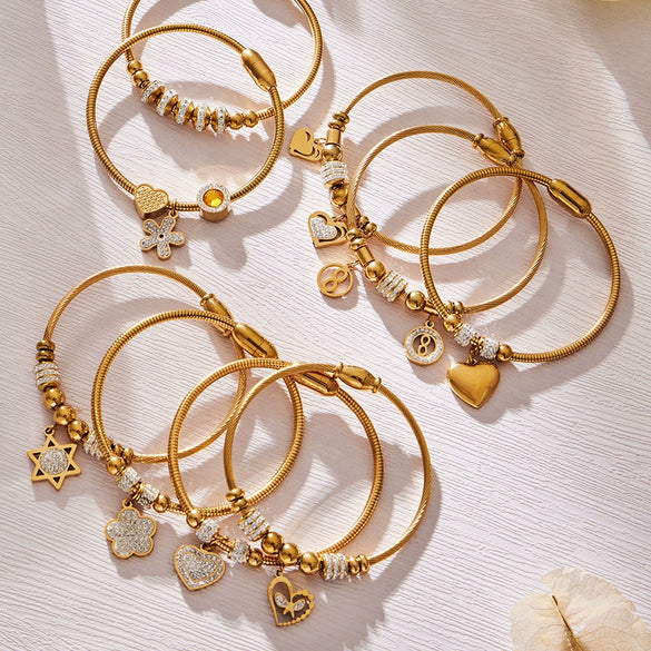 Wholesale Geometric Full Diamond Zircon Pendant Bracelet Set Stainless Steel 18K Gold Plated Jewelry