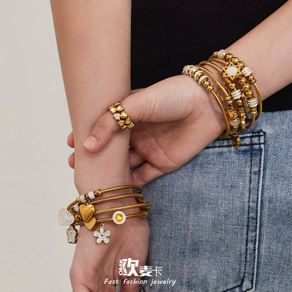 Wholesale Geometric Full Diamond Zircon Pendant Bracelet Set Stainless Steel 18K Gold Plated Jewelry
