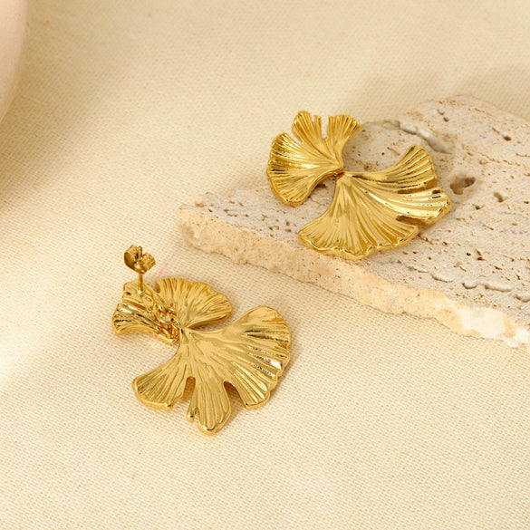 Wholesale Geometric Ginkgo Leaf Stainless Steel 16K Gold Plated Earrings For Women