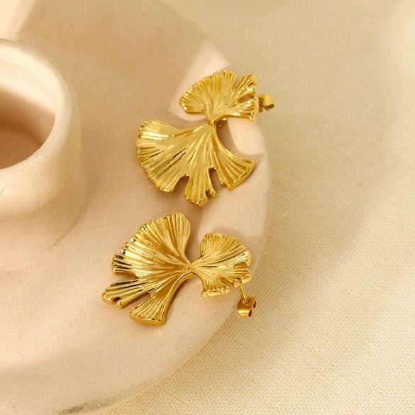 Wholesale Geometric Ginkgo Leaf Stainless Steel 16K Gold Plated Earrings For Women