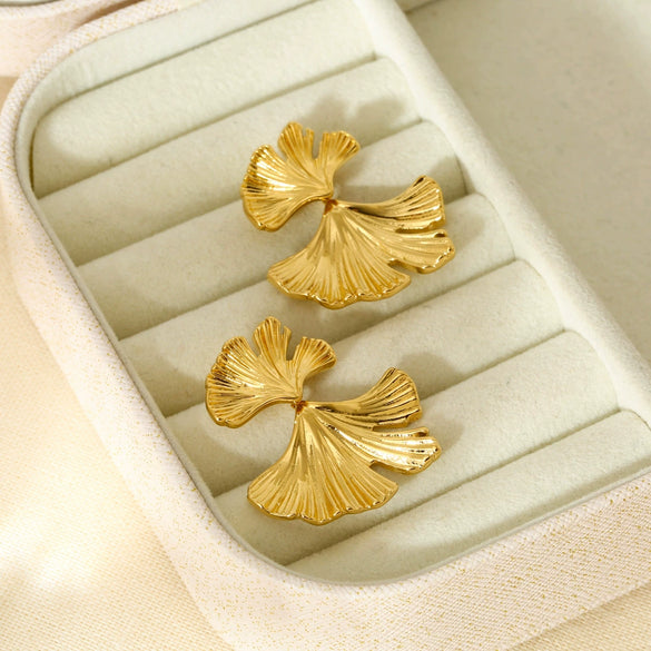 Wholesale Geometric Ginkgo Leaf Stainless Steel 16K Gold Plated Earrings For Women