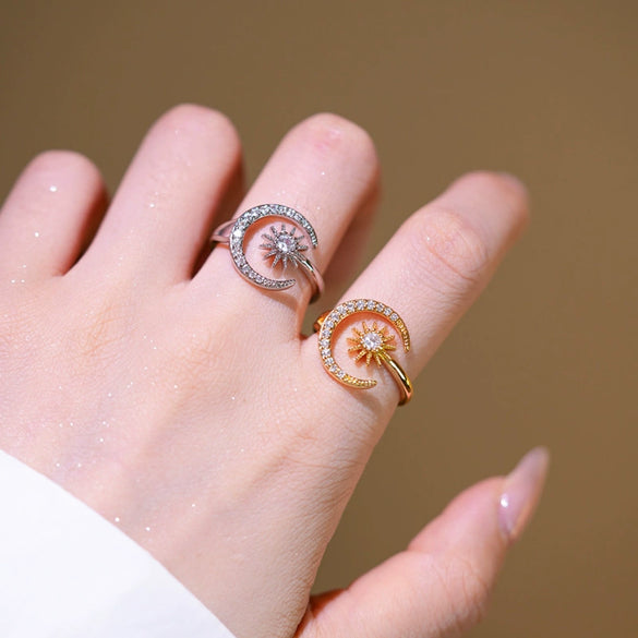 Wholesale Geometric Gold Plated Copper Sun And Moon Adjustable Open Zircon Ring For Women