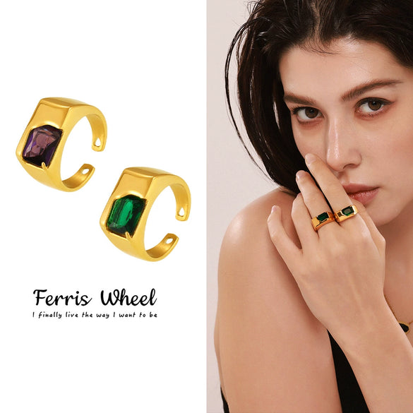 Wholesale Geometric Green Zircon Stainless Steel Electroplated Open Finger Ring For Unisex With Light Luxury Style