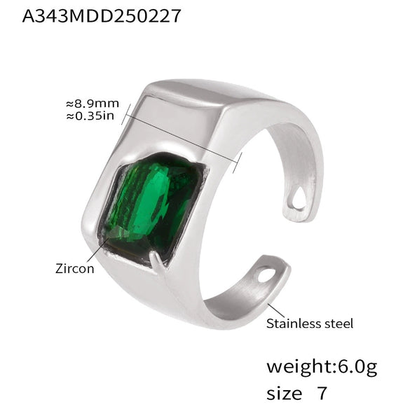 Wholesale Geometric Green Zircon Stainless Steel Electroplated Open Finger Ring For Unisex With Light Luxury Style