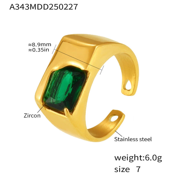 Wholesale Geometric Green Zircon Stainless Steel Electroplated Open Finger Ring For Unisex With Light Luxury Style