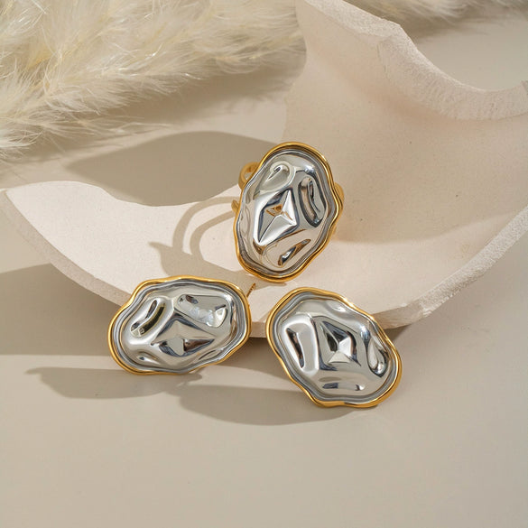 Wholesale Geometric Hammer Pattern Stainless Steel Earrings And Ring Set For Women With Electroplating Finish