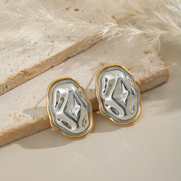 Wholesale Geometric Hammer Pattern Stainless Steel Earrings And Ring Set For Women With Electroplating Finish