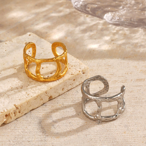 Wholesale Geometric Hammered Open Ring Stainless Steel 18K Goldplated For Women