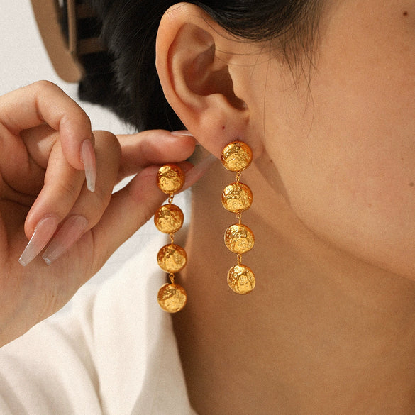 Wholesale Geometric Hammered Pattern 18K Gold Electroplated Stainless Steel Tassel Earrings For Women