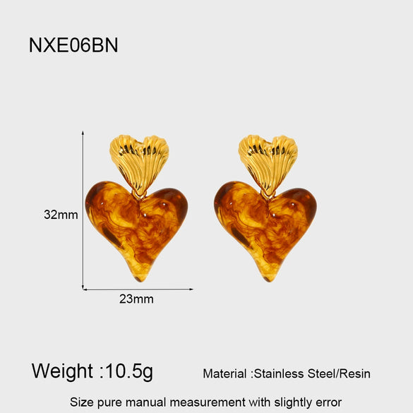 Wholesale Geometric Heartshaped 18K Gold Plated Stainless Steel Amber Resin Earrings For Women