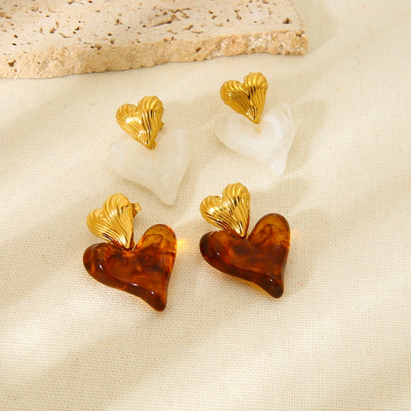 Wholesale Geometric Heartshaped 18K Gold Plated Stainless Steel Amber Resin Earrings For Women