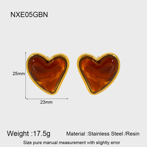 Wholesale Geometric Heartshaped 18K Gold Plated Stainless Steel Amber Resin Earrings For Women