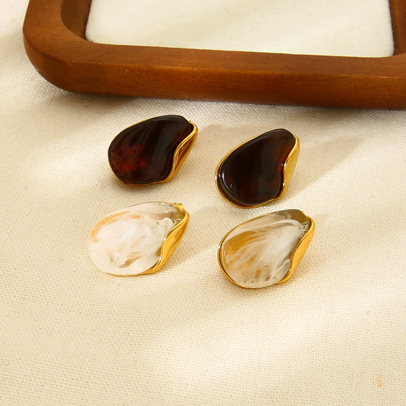 Wholesale Geometric Heartshaped 18K Gold Plated Stainless Steel Amber Resin Earrings For Women