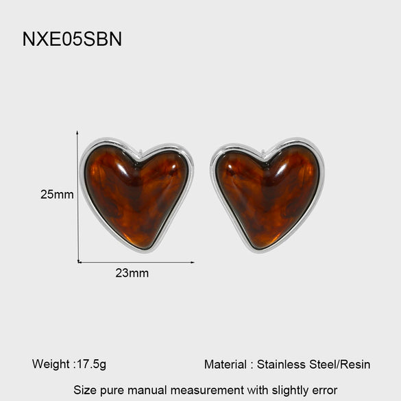 Wholesale Geometric Heartshaped 18K Gold Plated Stainless Steel Amber Resin Earrings For Women