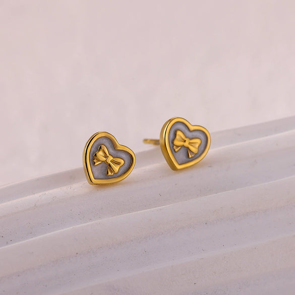 Wholesale Geometric Heartshaped Oil Dripping Bow Electroplated Stainless Steel And Gold Earrings For Unisex