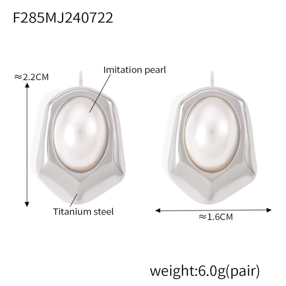 Wholesale Geometric Hexagonal Inlaid Oval Imitation Pearl Earrings 316L Stainless Steel 18K Gold Plated For Women
