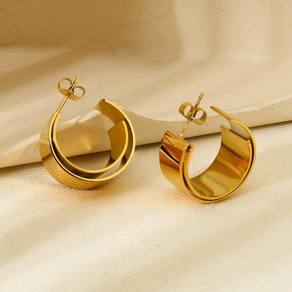 Wholesale Geometric Highpolish 18K Gold Plated Stainless Steel Cshaped Doublelayer Earrings For Women