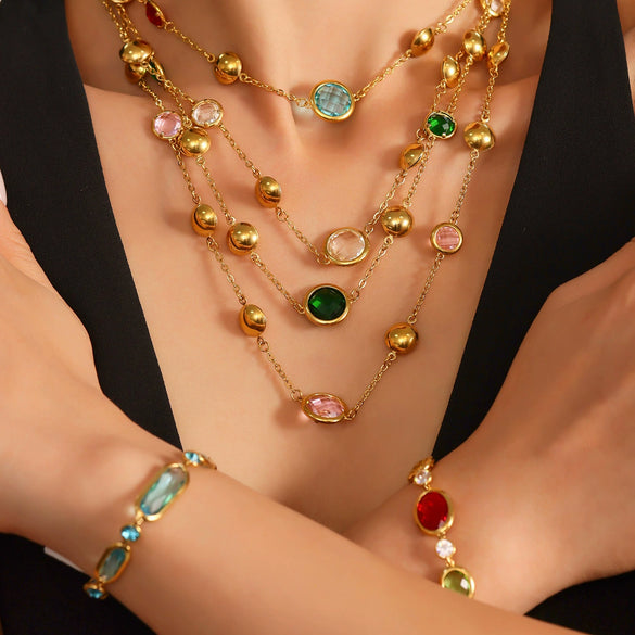 Wholesale Geometric Hollow Circle Splicing Ferris Wheel Design Stainless Steel And Glass Stone Necklace For Women With Electroplating