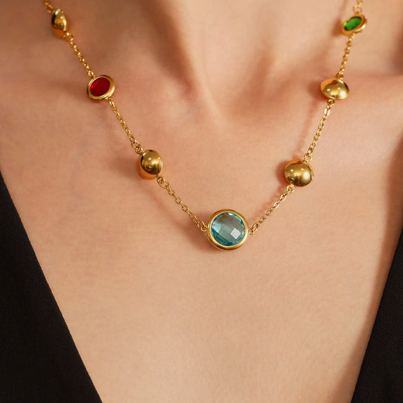 Wholesale Geometric Hollow Circle Splicing Ferris Wheel Design Stainless Steel And Glass Stone Necklace For Women With Electroplating