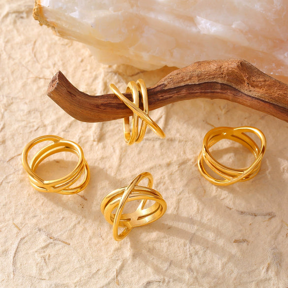 Wholesale Geometric Hollow Cross Line Ring 316L Stainless Steel 18K Gold Electroplated Women's Jewelry