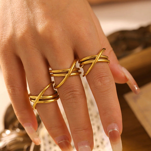 Wholesale Geometric Hollow Cross Line Ring 316L Stainless Steel 18K Gold Electroplated Women's Jewelry