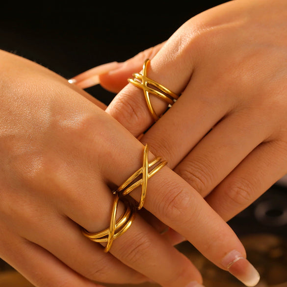 Wholesale Geometric Hollow Cross Line Ring 316L Stainless Steel 18K Gold Electroplated Women's Jewelry