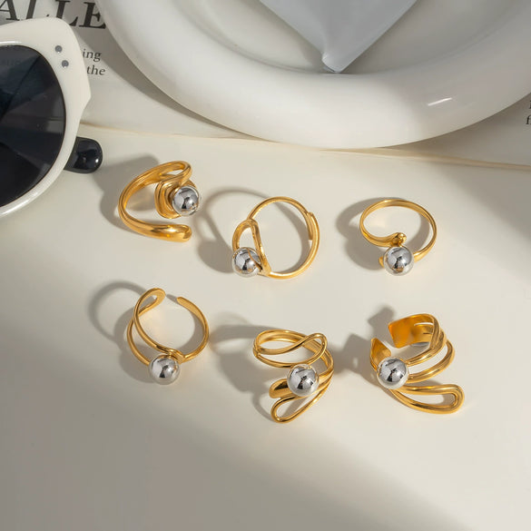Wholesale Geometric Hollow Design Stainless Steel Bead Ring With Pvd Furnace Vacuum Real Gold Plating Light Luxury And Delicate Jewelry For Unisex