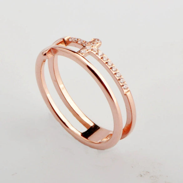 Wholesale Geometric Hollow Double Cross Titanium Steel Ring With Rose Gold Electroplating For Female Hipsters