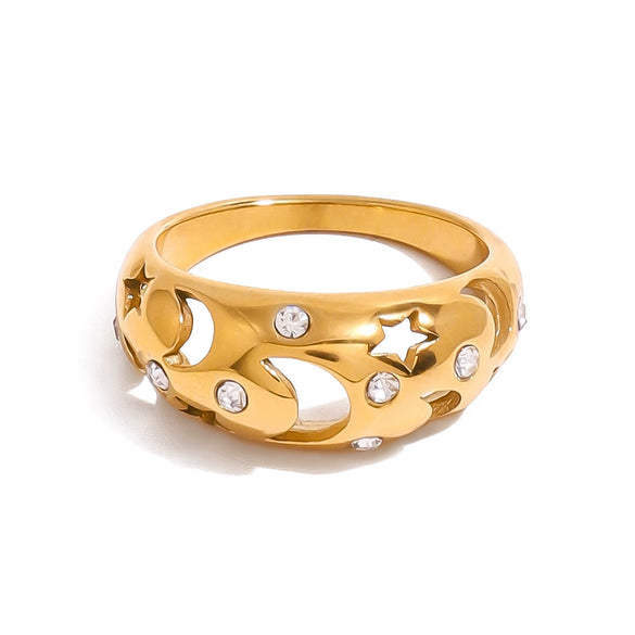Wholesale Geometric Hollow Moon Star Crescent Ring Jewelry In Stainless Steel With 18K Gold Electroplating And White Diamond