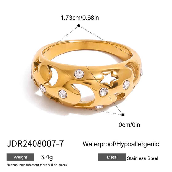 Wholesale Geometric Hollow Moon Star Crescent Ring Jewelry In Stainless Steel With 18K Gold Electroplating And White Diamond