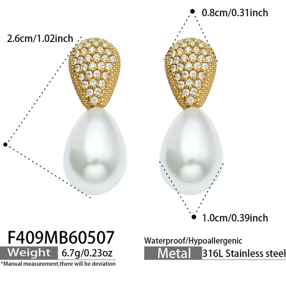 Wholesale Geometric Imitation Pearl 5A Zircon Inlaid Stainless Steel 18K Gold Plated Earrings For Women
