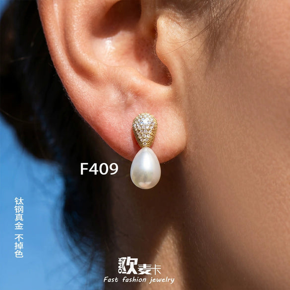 Wholesale Geometric Imitation Pearl 5A Zircon Inlaid Stainless Steel 18K Gold Plated Earrings For Women