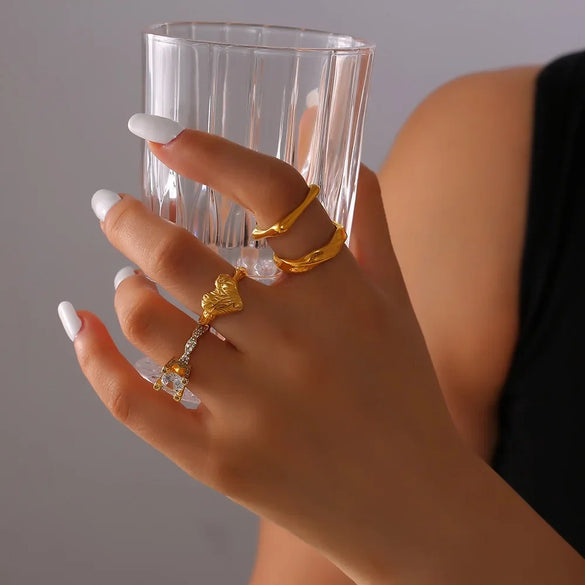 Wholesale Geometric Inlay Zircon Ring For Women Titanium Steel 18K Gold Plated French Retro Design