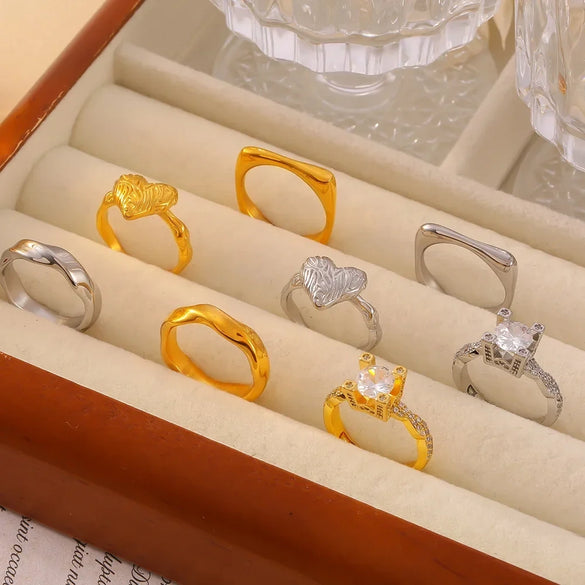 Wholesale Geometric Inlay Zircon Ring For Women Titanium Steel 18K Gold Plated French Retro Design