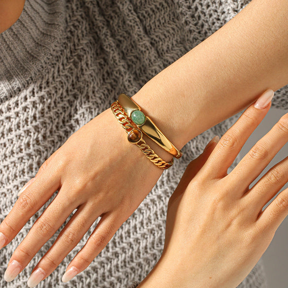 Wholesale Geometric Ins Style Electroplated Stainless Steel Bracelet With Green Aventurine And Tiger Eye Stone Jewelry Accessories