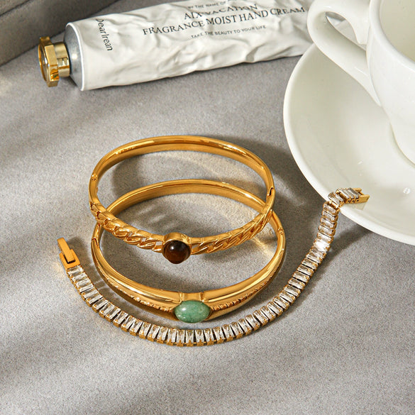 Wholesale Geometric Ins Style Electroplated Stainless Steel Bracelet With Green Aventurine And Tiger Eye Stone Jewelry Accessories