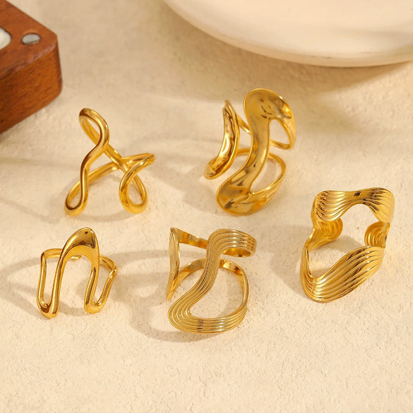 Wholesale Geometric Irregular Opening Stainless Steel Ring With Line Winding 18K Gold Non Fading Electroplated Unisex Niche Style