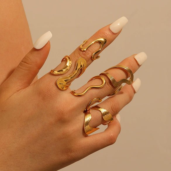 Wholesale Geometric Irregular Opening Stainless Steel Ring With Line Winding 18K Gold Non Fading Electroplated Unisex Niche Style