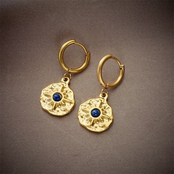 Wholesale Geometric Irregular Round Blue Diamond Sunflower Pendant Earrings Titanium Steel Electroplated For Women