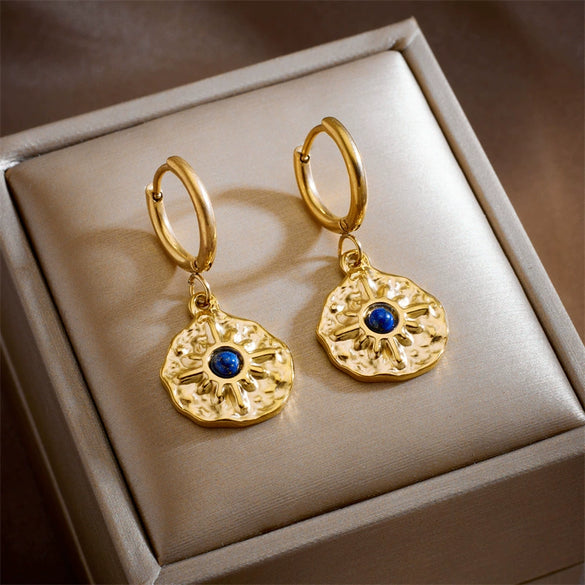 Wholesale Geometric Irregular Round Blue Diamond Sunflower Pendant Earrings Titanium Steel Electroplated For Women