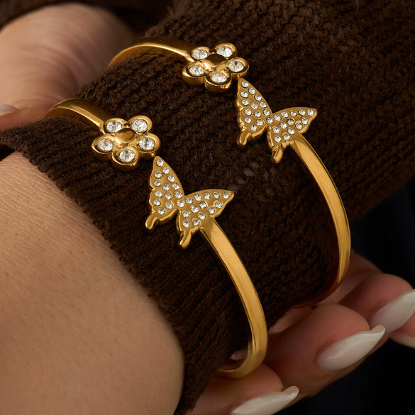 Wholesale Geometric 18K Goldplated Stainless Steel Zircon Inlaid Butterfly Flower Bracelet Jewelry