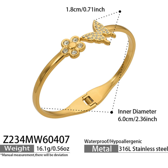 Wholesale Geometric 18K Goldplated Stainless Steel Zircon Inlaid Butterfly Flower Bracelet Jewelry
