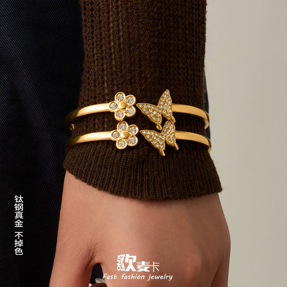Wholesale Geometric 18K Goldplated Stainless Steel Zircon Inlaid Butterfly Flower Bracelet Jewelry