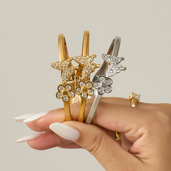 Wholesale Geometric 18K Goldplated Stainless Steel Zircon Inlaid Butterfly Flower Bracelet Jewelry