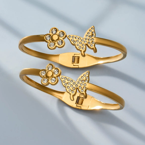 Wholesale Geometric 18K Goldplated Stainless Steel Zircon Inlaid Butterfly Flower Bracelet Jewelry